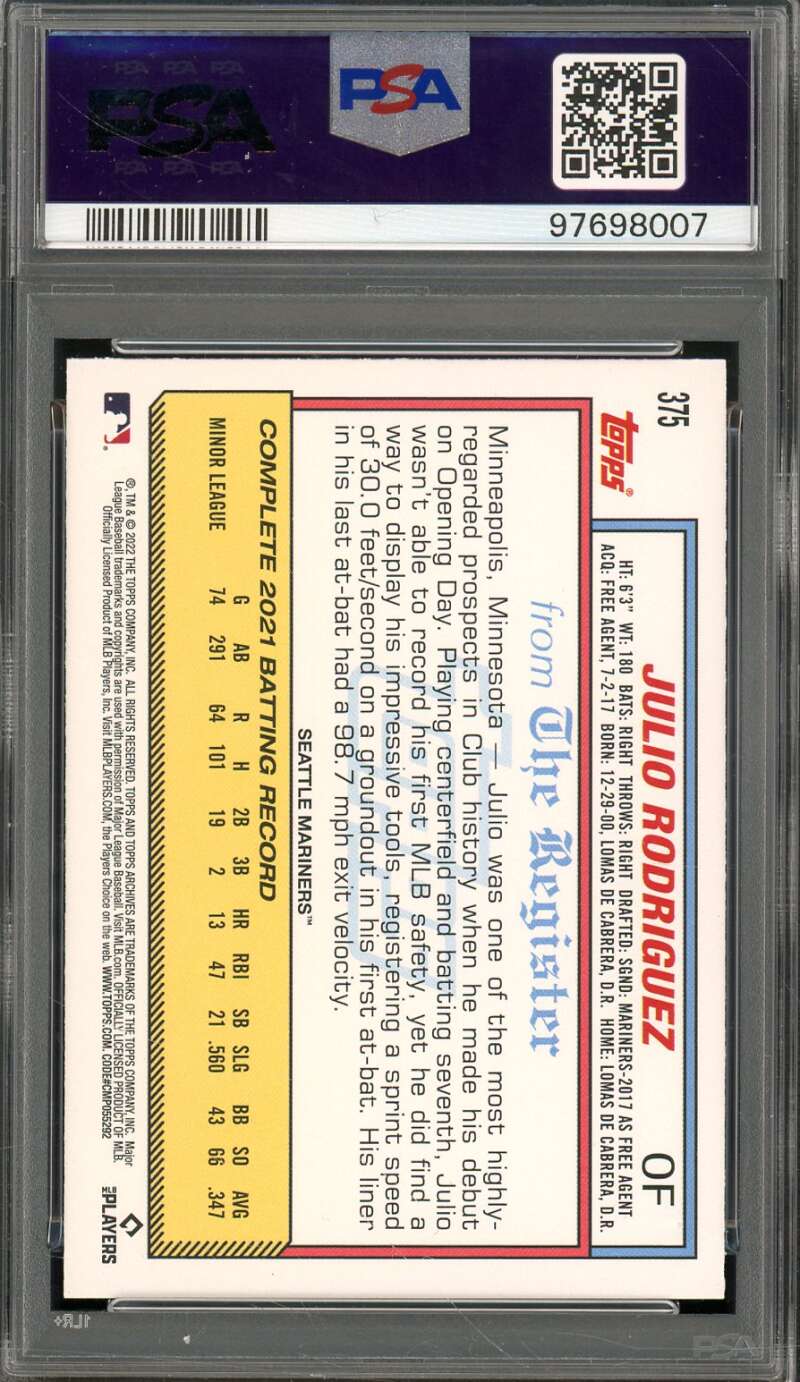 Julio Rodriguez Rookie Card 2022 Archives #375 PSA 10 Image 2