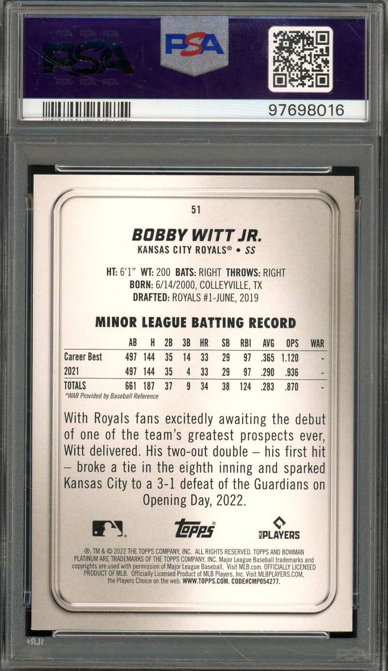 Bobby Witt Jr. Rookie Card 2022 Bowman Platinum #51 PSA 10 Image 2