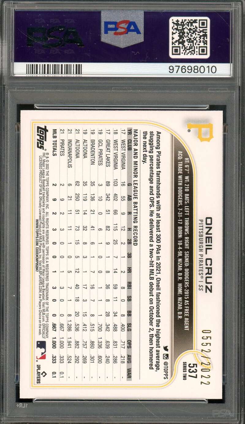 Oneil Cruz Rookie Card 2022 Topps Gold #537 PSA 10 Image 2