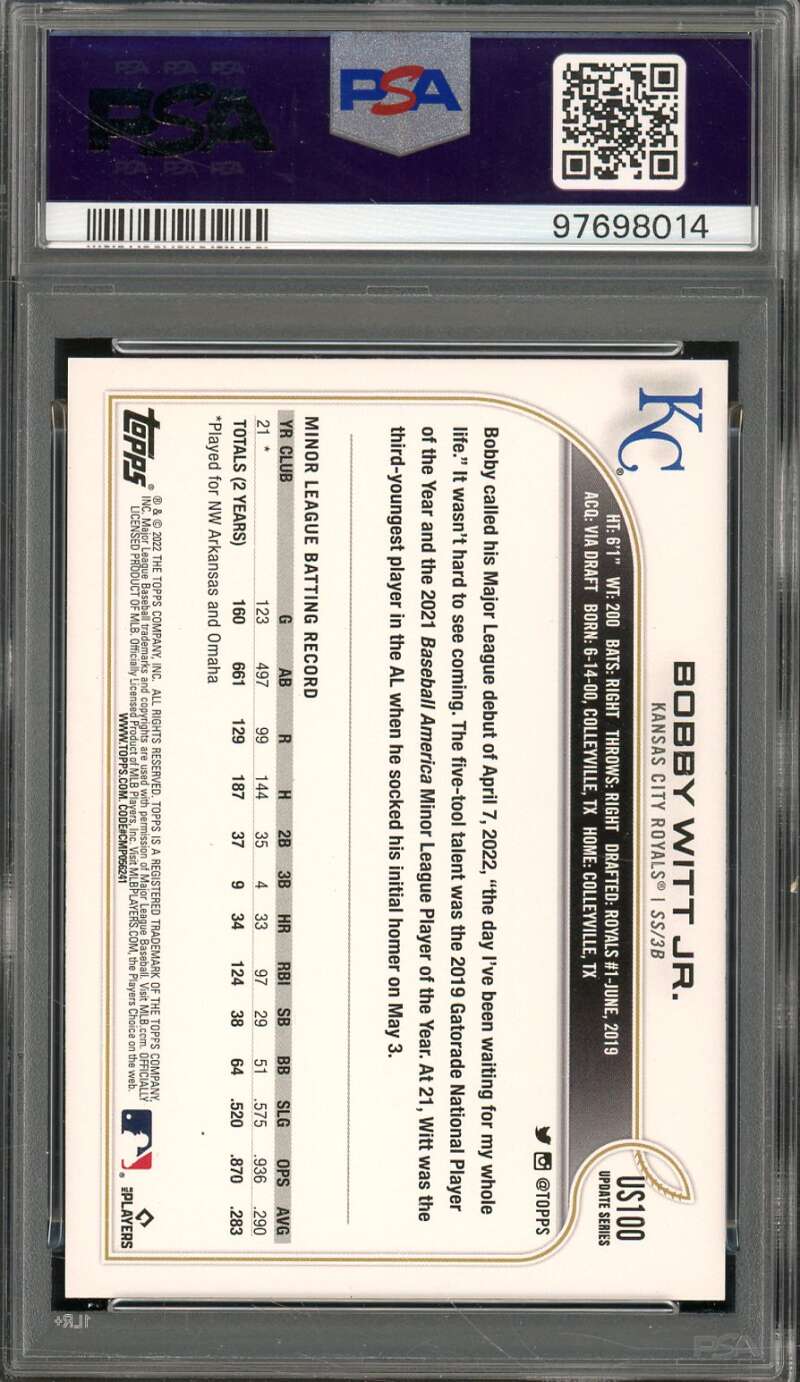 Bobby Witt Jr. Rookie Card 2022 Topps Update #US100 PSA 10 Image 2