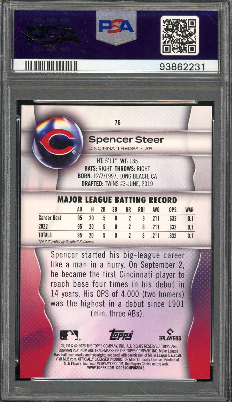 Spencer Steer Rookie Card 2023 Bowman Platinum Green Ice #76 PSA 9 Image 2