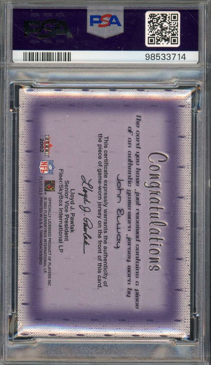 John Elway Card 2002 Fleer Throwbacks Classic Clippings (pop 2) #nno PSA 9 Image 2