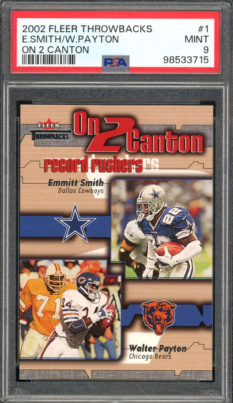 E. Smith/W. Payton Card 2002 Fleer Throwbacks On 2 Canton (pop 3) #1 PSA 9 Image 1