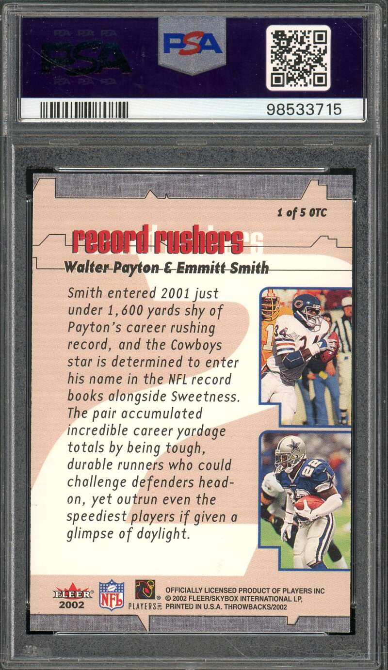 E. Smith/W. Payton Card 2002 Fleer Throwbacks On 2 Canton (pop 3) #1 PSA 9 Image 2