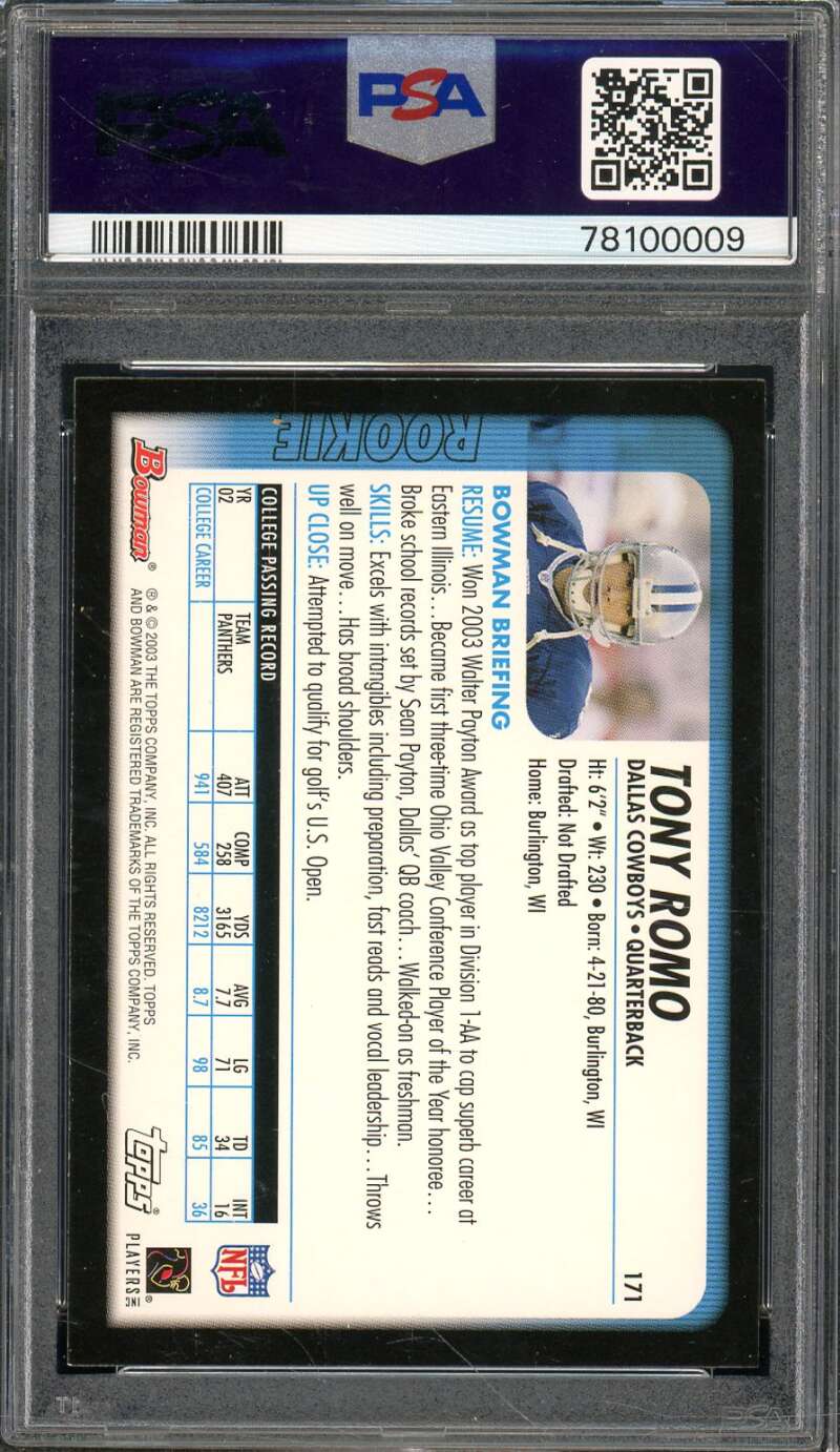 Tony Romo Rookie Card 2003 Bowman #171 PSA 8 Image 2