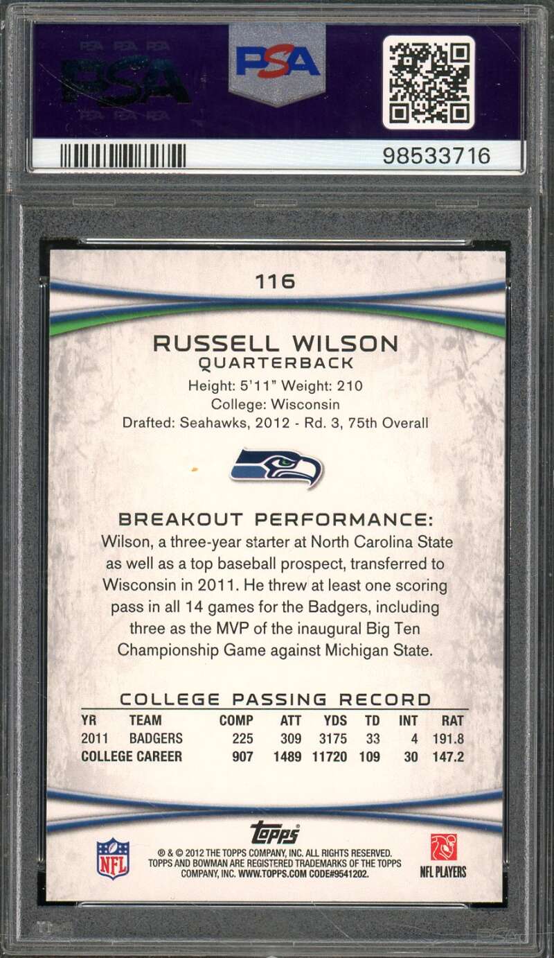 Russell Wilson Rookie Card 2012 Bowman Purple #116 PSA 9 Image 2