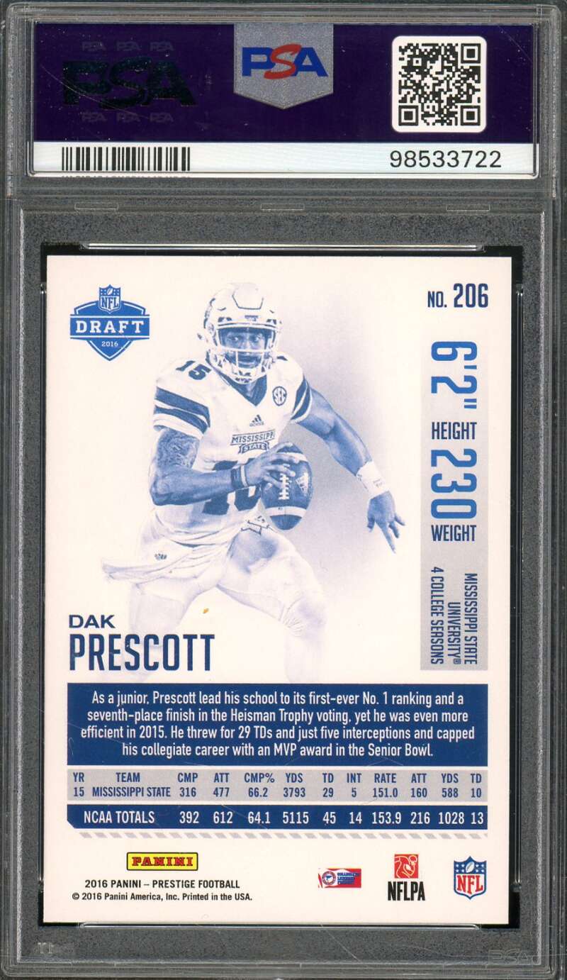 Dak Prescott Rookie Card 2016 Panini Prestige #206 PSA 10 Image 2