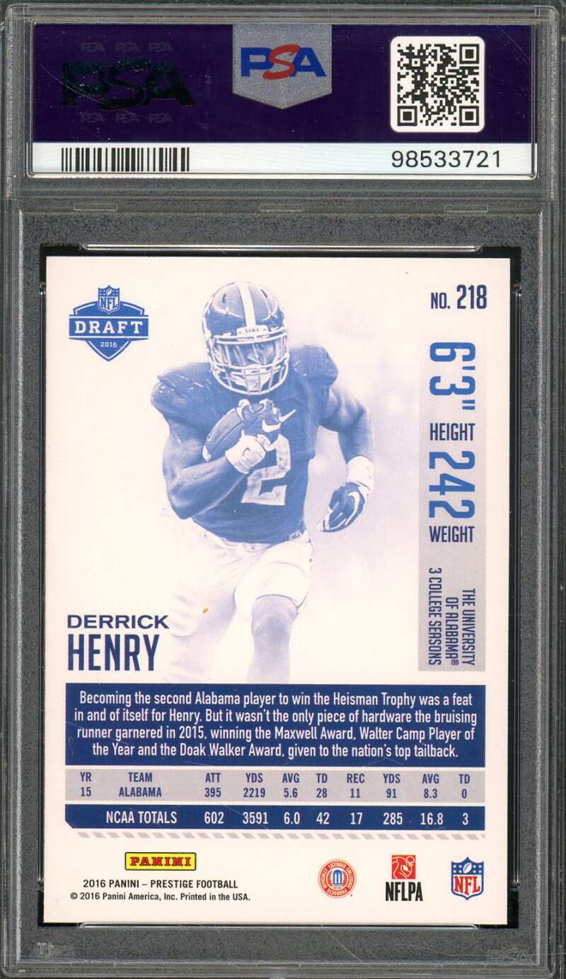 Derrick Henry Rookie Card 2016 Panini Prestige #218 PSA 10 Image 2