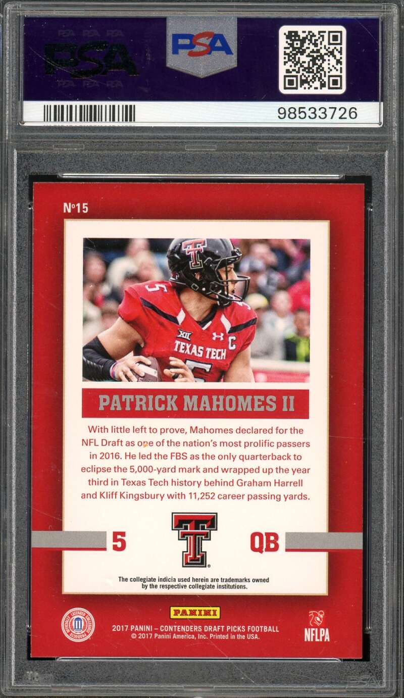 Patrick Mahomes Rookie Card 2017 Panini Contenders DP #15 PSA 9 Image 2