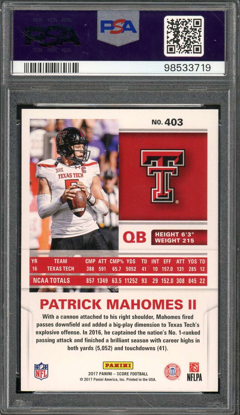 Patrick Mahomes Rookie Card 2017 Panini Score #403 PSA 9 Image 2