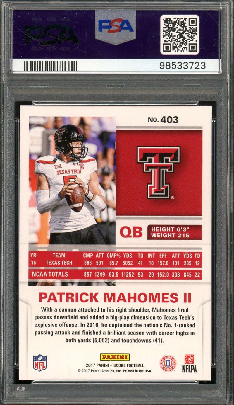 Patrick Mahomes II Rookie Card 2017 Panini Score #403 PSA 9 Image 2