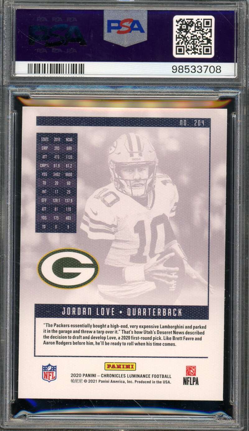 Jordan Love Rookie Card 2020 Panini Chronicles #204 PSA 9 Image 2