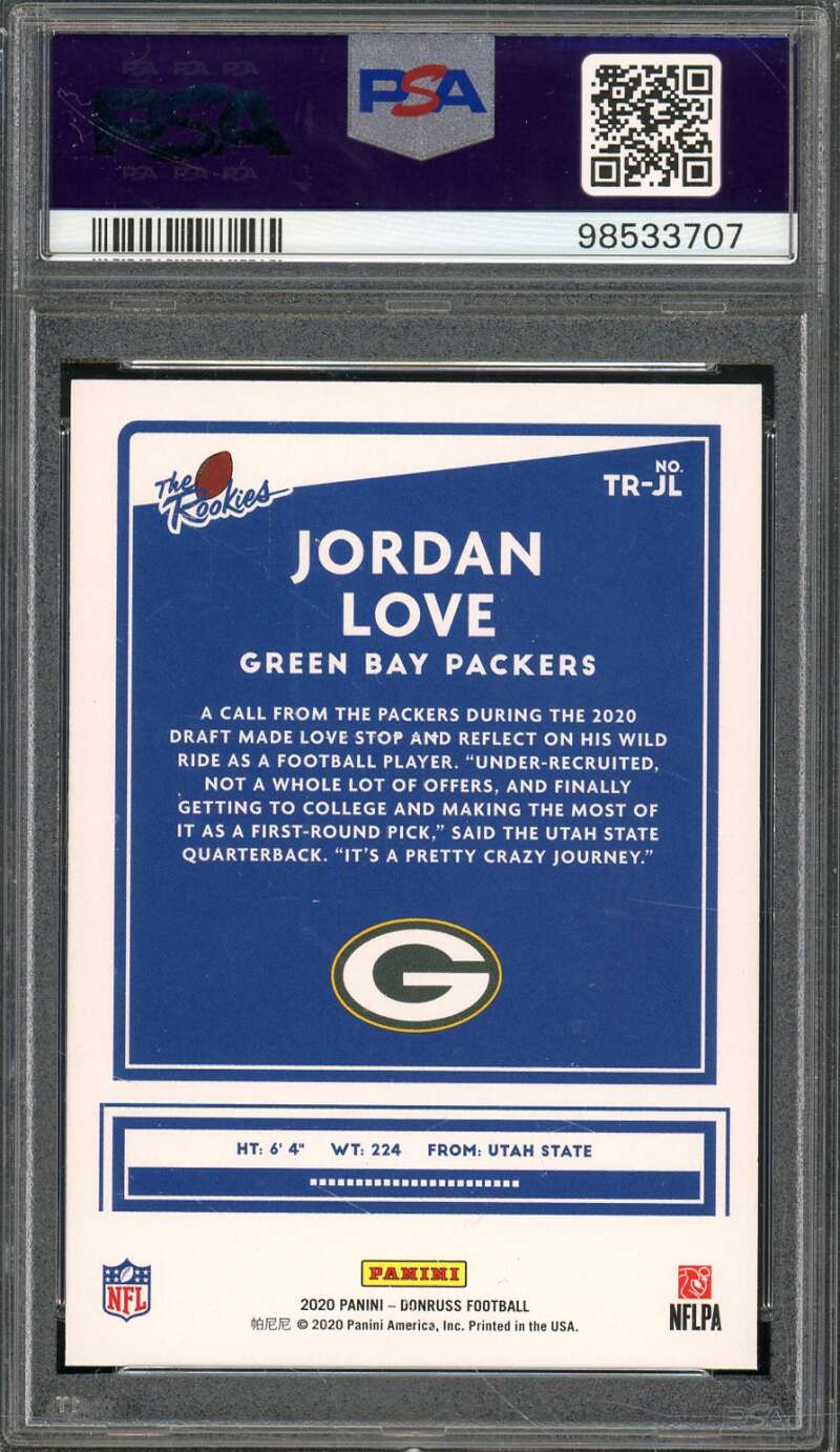 Jordan Love Rookie Card 2020 Panini Donruss #TR-JL PSA 10 Image 2