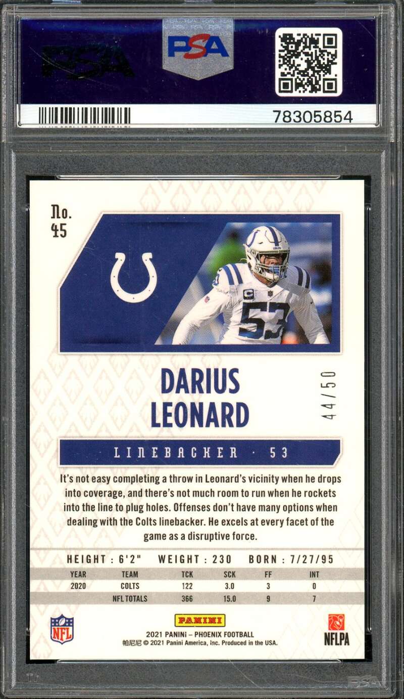 Darius Leonard Card 2021 Phoenix Fire Ice Lazer #45 PSA 9 Image 2