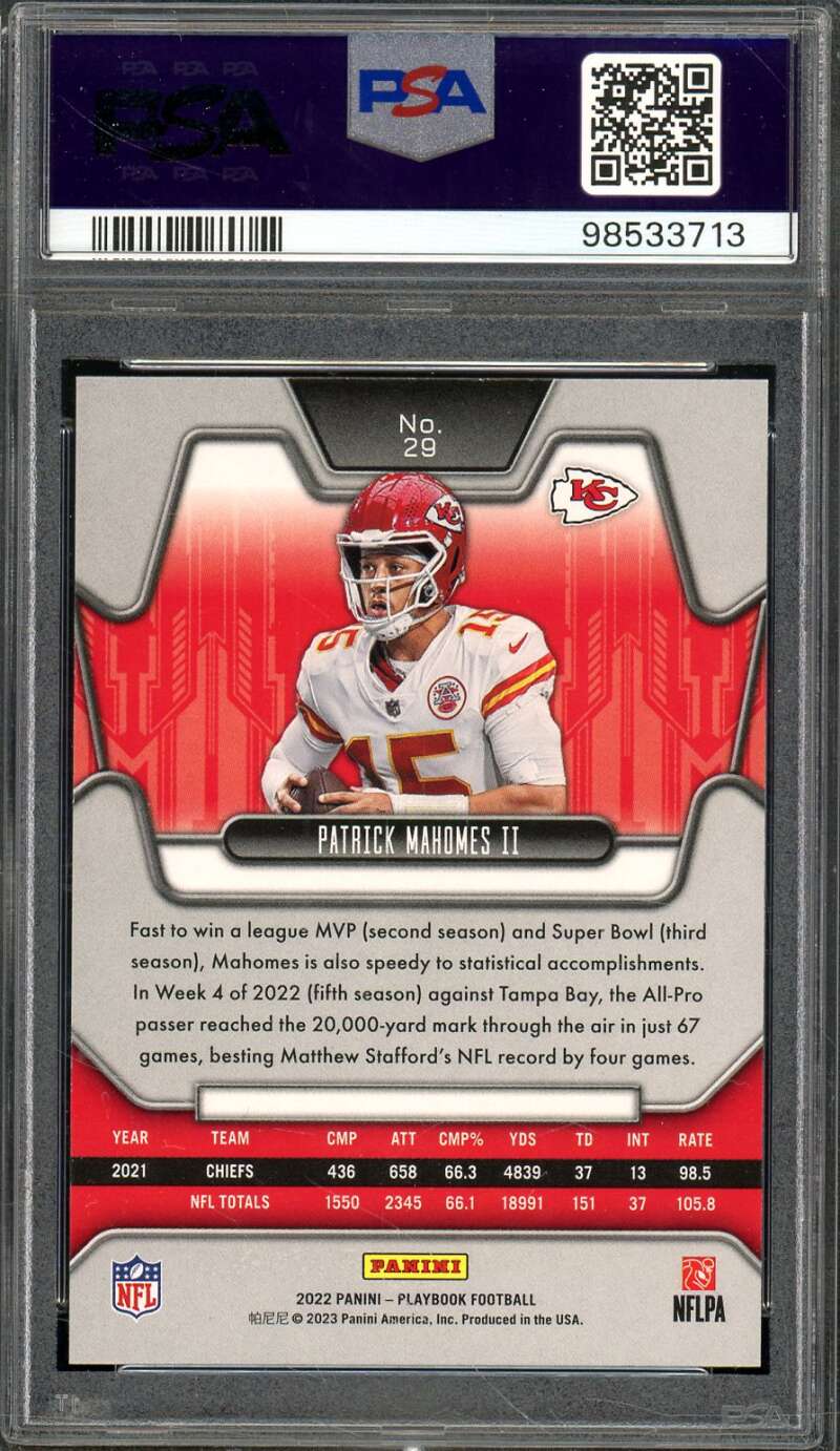 Patrick Mahomes II Card 2022 Playbook Orange #29 (pop 1) PSA 9 Image 2