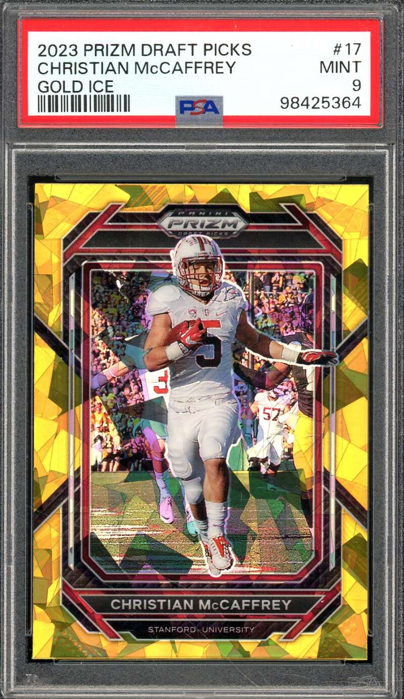 Christian McCaffrey Card 2023 Prizm Draft Picks Gold Ice #17 PSA 9 Image 1