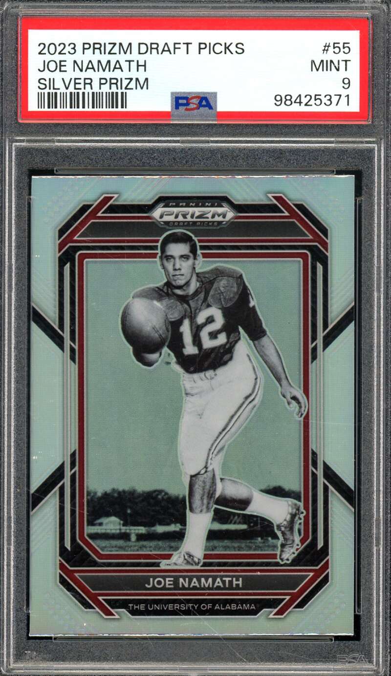 Joe Namath Card 2023 Prizm Draft Picks Silver Prizm (pop 2) #55 PSA 9 Image 1