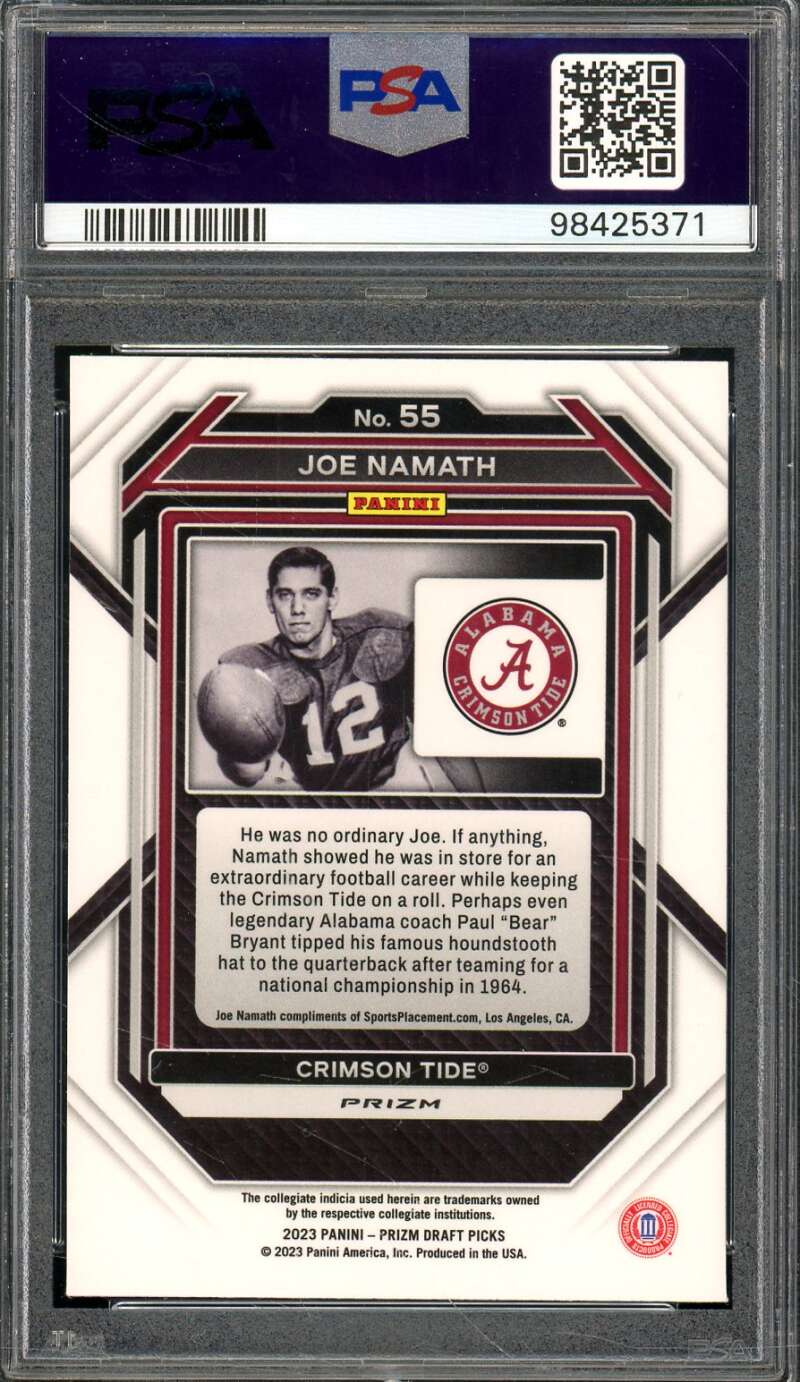 Joe Namath Card 2023 Prizm Draft Picks Silver Prizm (pop 2) #55 PSA 9 Image 2