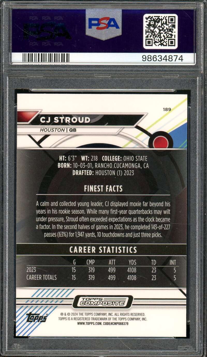 C.J. Stroud Rookie Card 2023 Topps Composite #189 PSA 10 Image 2