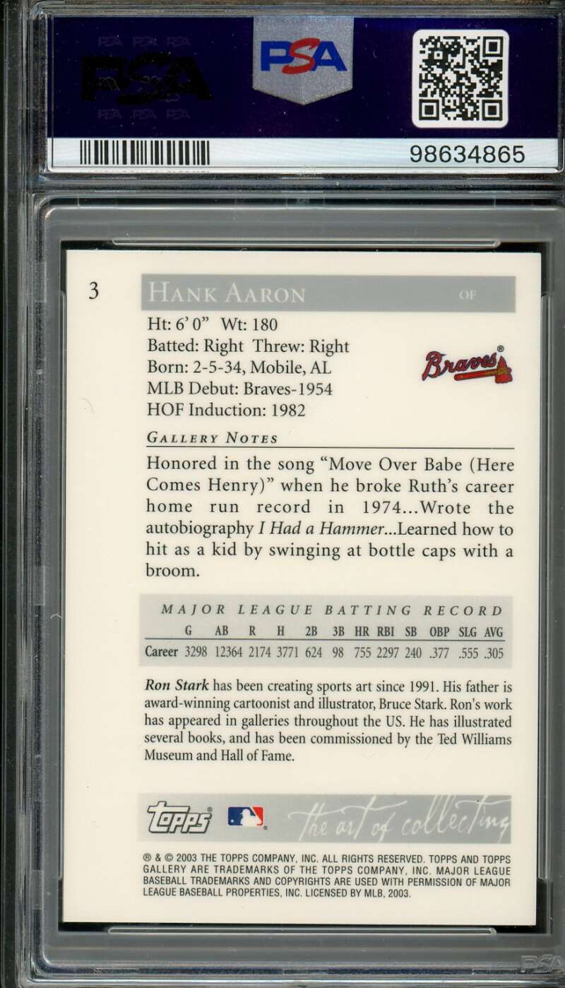 Hank Aaron Card 2003 Topps Gallery HOF Blue Hat-Artist's Proof (pop 6) #3 PSA 10 Image 2