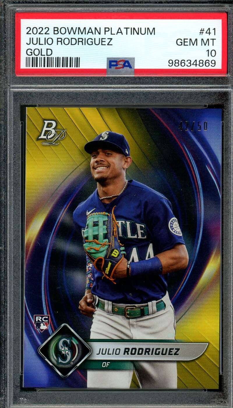 Julio Rodriguez Rookie Card 2022 Bowman Platinum Gold (pop 3) (42/50) #41 PSA 10 Image 1