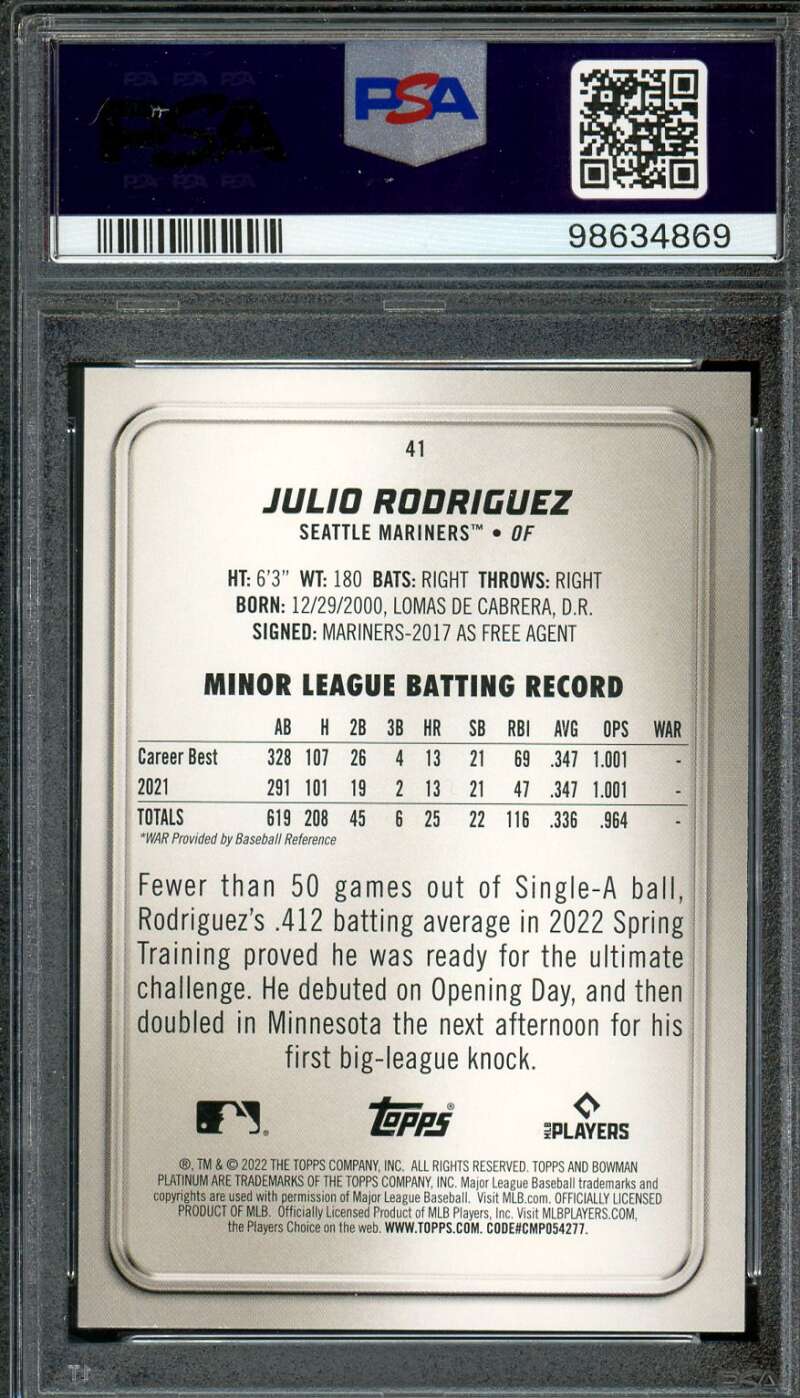 Julio Rodriguez Rookie Card 2022 Bowman Platinum Gold (pop 3) (42/50) #41 PSA 10 Image 2