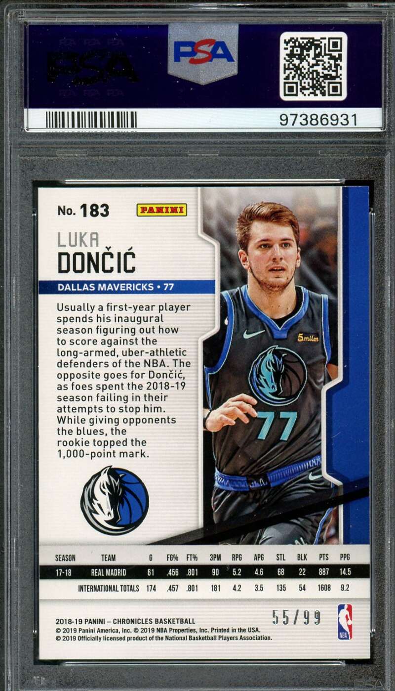 Luka Doncic Rookie 2018-19 Panini Chronicles Blue (pop 2) (55/99) #183 PSA 10 Image 2