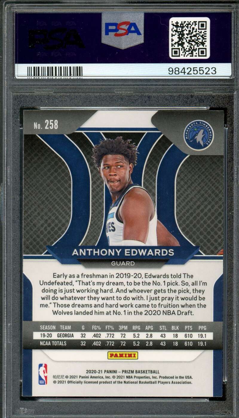 Anthony Edwards Rookie Card 2020-21 Panini Prizm #258 PSA 10 Image 2