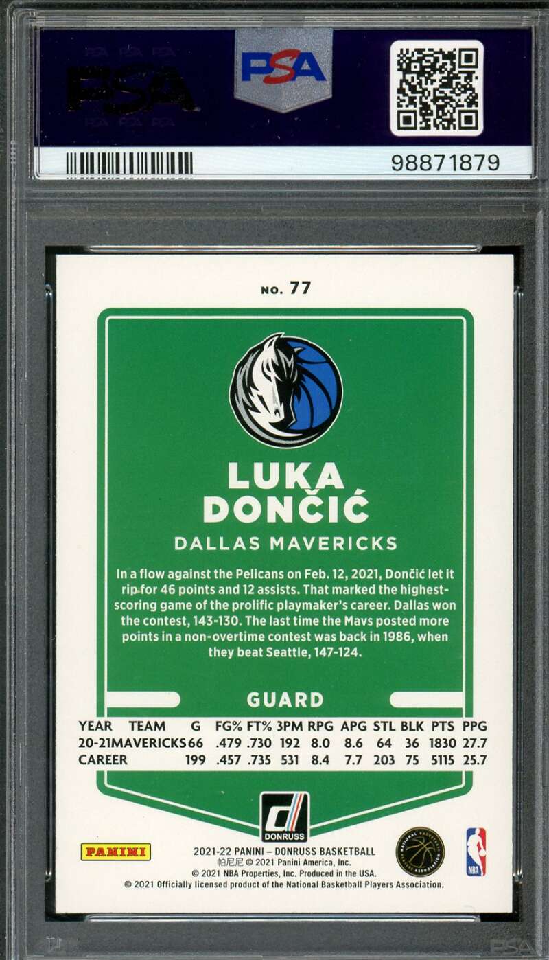 Luka Doncic Card 2021-22 Donruss Holo Green/Yellow Laser #77 PSA 9 Image 2