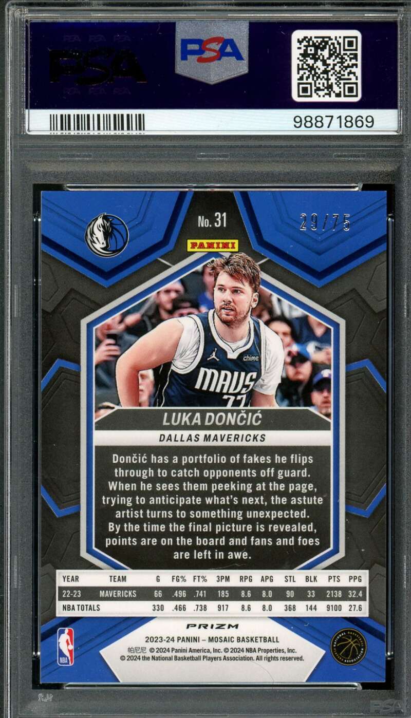 Luka Doncic Card 2023-24 Mosaic Teal (pop 1) (29/75) #31 PSA 10 Image 2