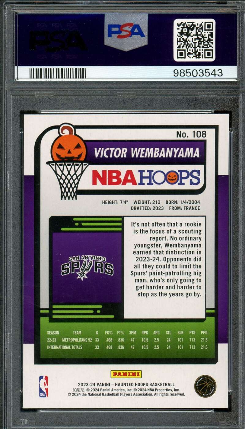 Victor Wembanyama Rookie Card 2023-24 Hoops Haunted Hoops #108 PSA 10 Image 2