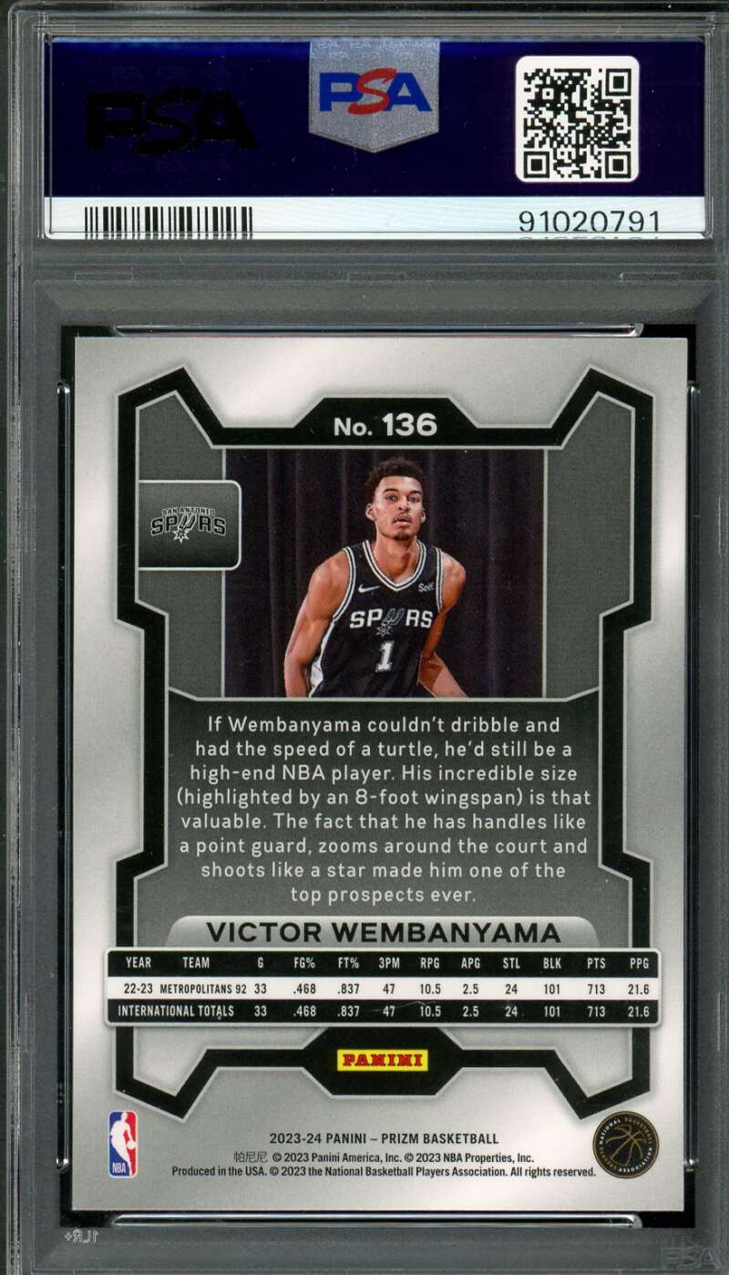 Victor Wembanyama Rookie Card 2023-24 Prizm #136 PSA 9 Image 2