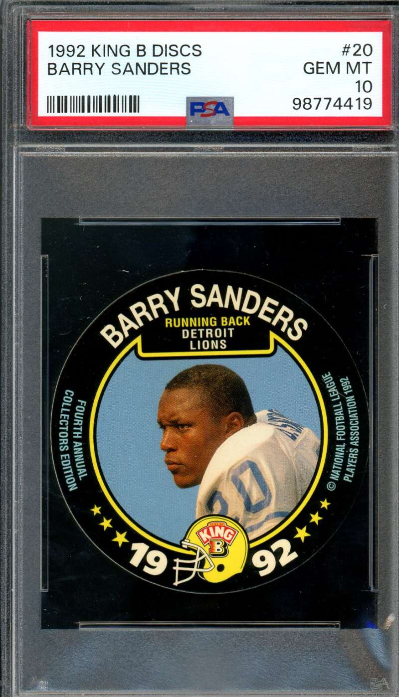 Barry Sanders Card 1992 King B Discs (pop 1) #20 PSA 10 Image 1