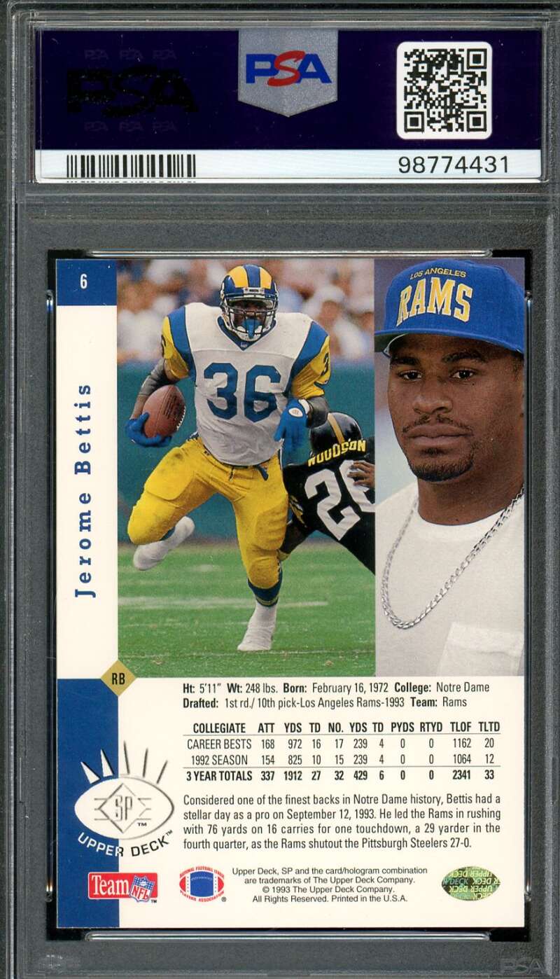 Jerome Bettis Rookie Card 1993 SP #6 PSA 8 Image 2