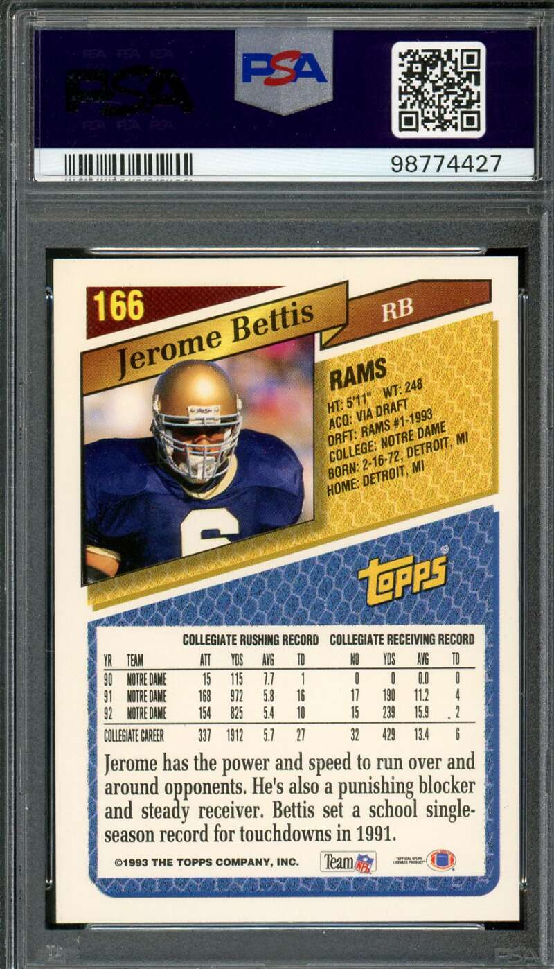 Jerome Bettis Rookie Card 1993 Topps Gold (pop 20) #166 PSA 10 Image 2