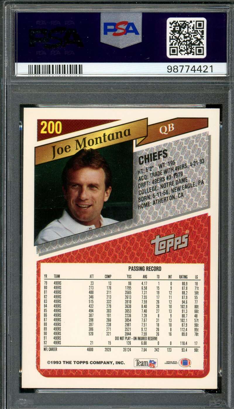 Joe Montana Card 1993 Topps Gold #200 PSA 9 Image 2