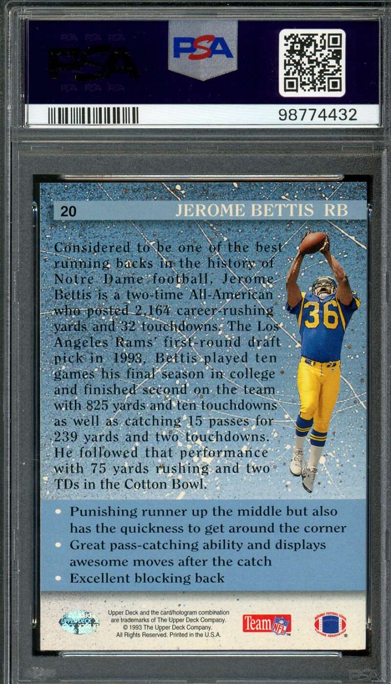 Jerome Bettis Rookie Card 1993 Upper Deck #20 PSA 8 Image 2