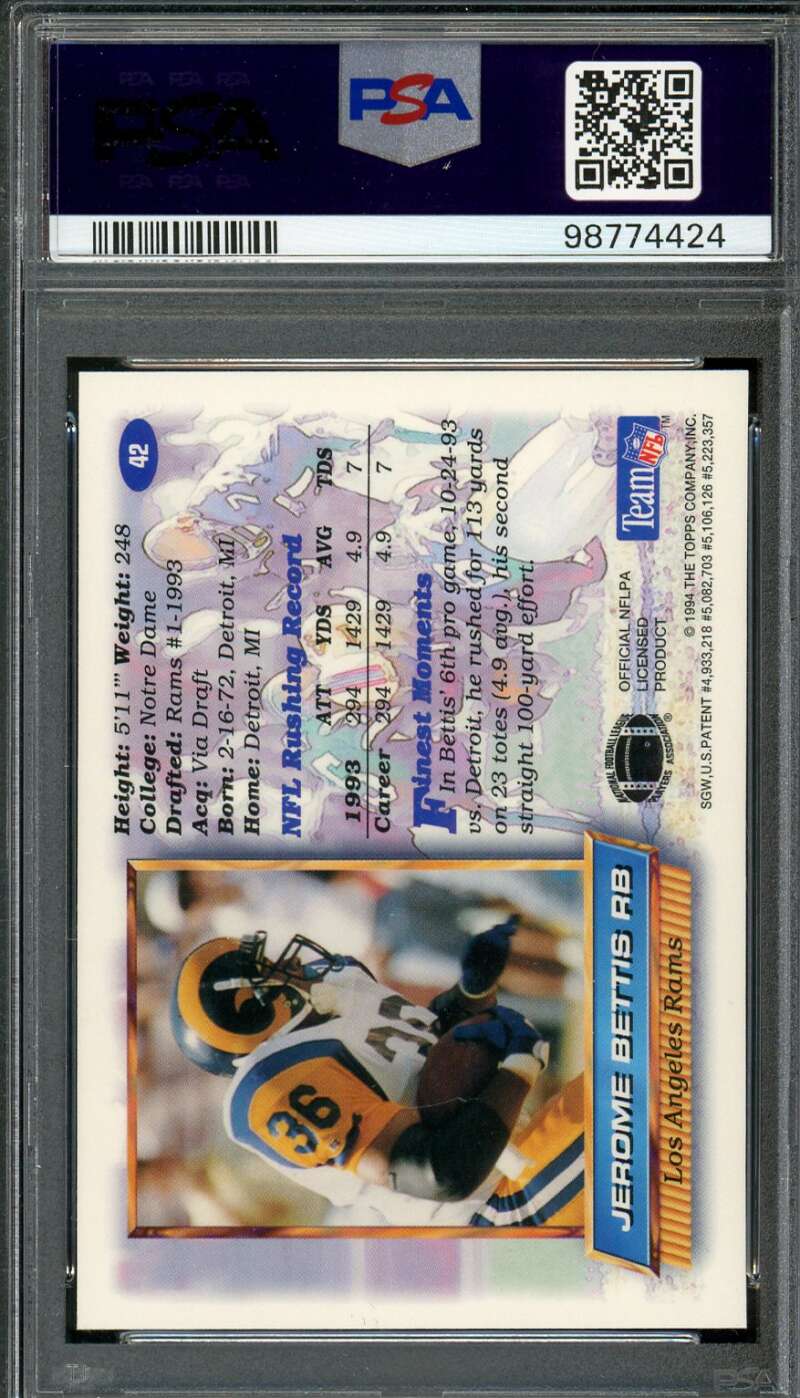 Jerome Bettis Rookie Star 1994 Finest #42 PSA 10 Image 2