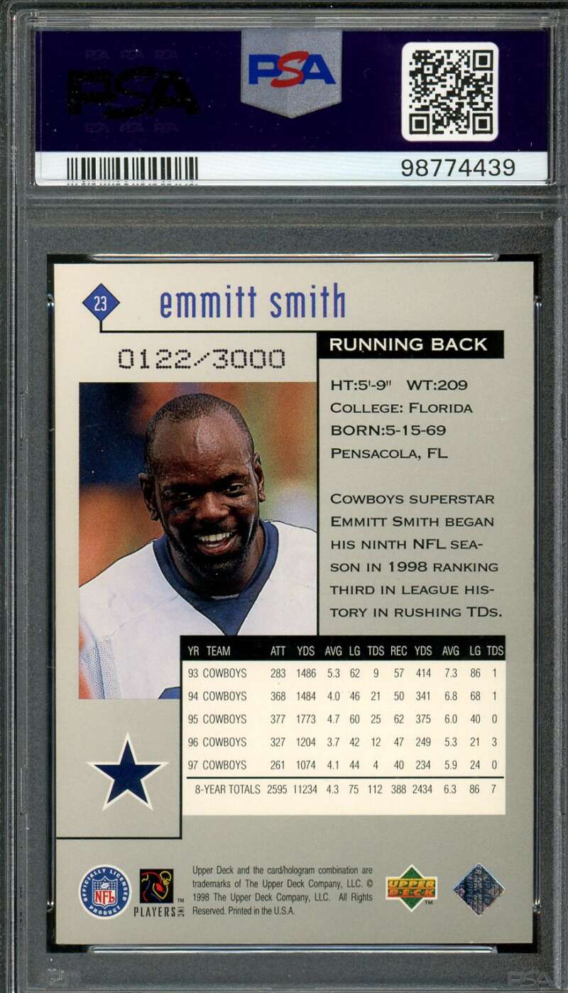 Emmitt Smith Card 1998-99 U.D. Black Diamond Double (pop 2) #23 PSA 10 Image 2