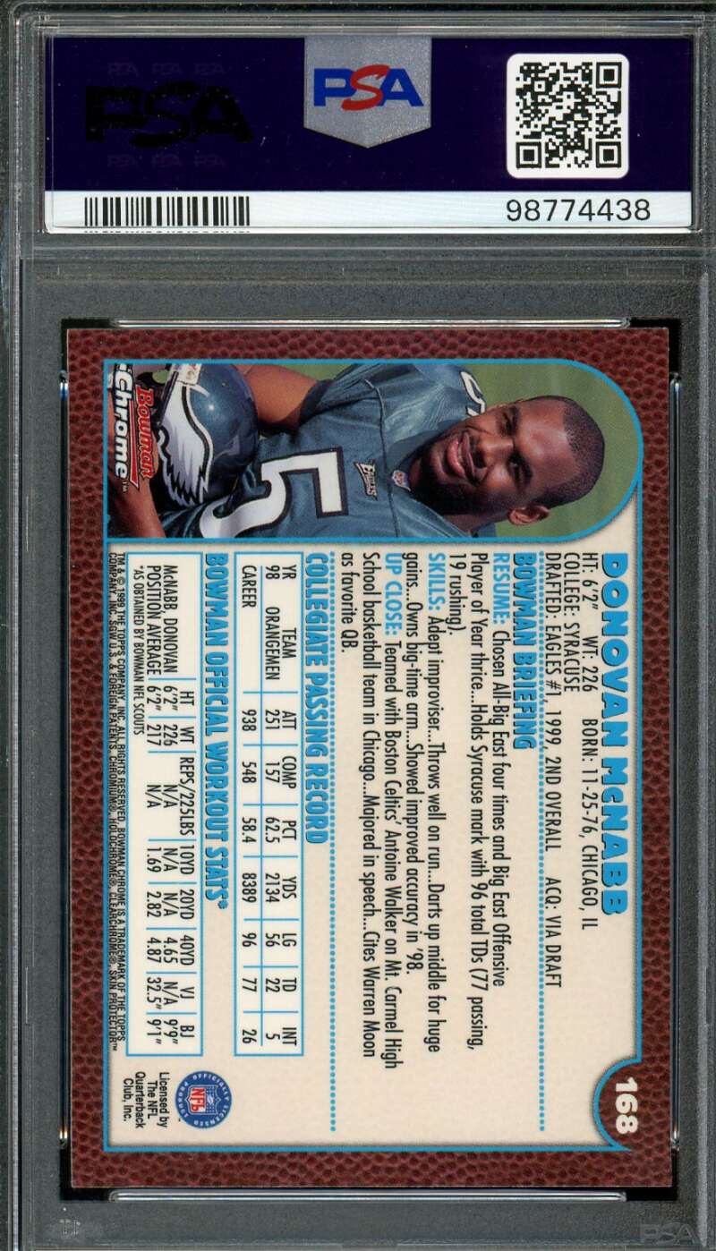 Donovan McNabb Rookie Card 1999 Bowman Chrome #168 PSA 10 Image 2