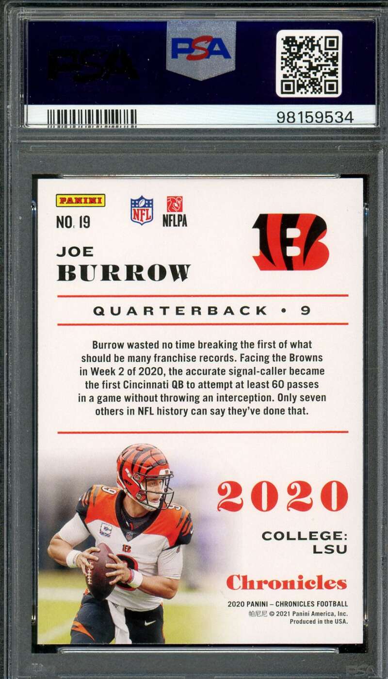 Joe Burrow Rookie Card 2020 Panini Chronicles #19 PSA 10 Image 2