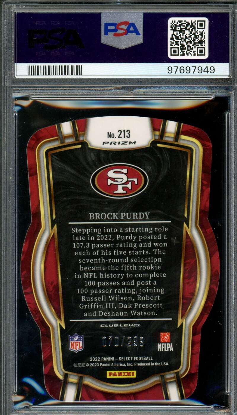 Brock Purdy Rookie Card 2022 Select Die-Cut Neon Green Prizm #213 PSA 10 Image 2