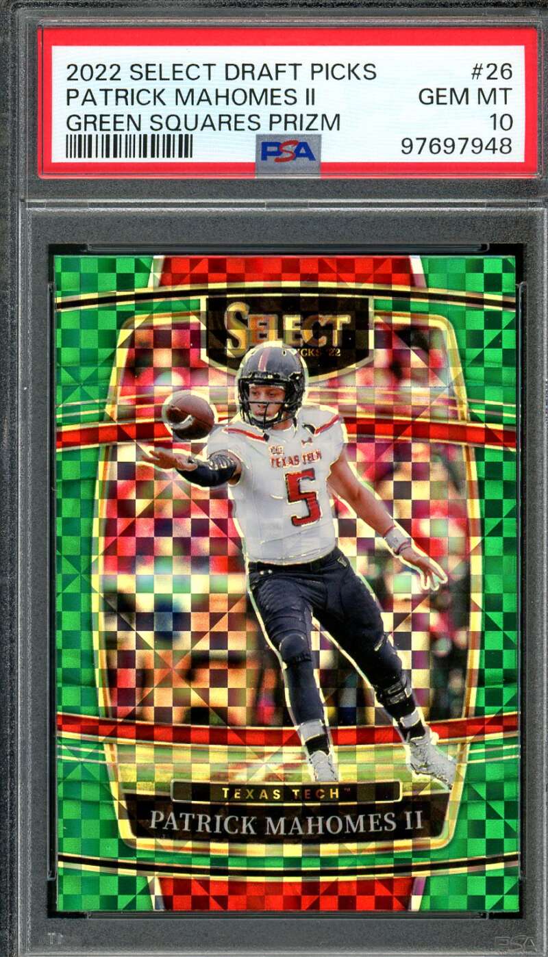 Patrick Mahomes 2022 Select Draft Picks Green Squares Prizm (pop 2) #26 PSA 10 Image 1