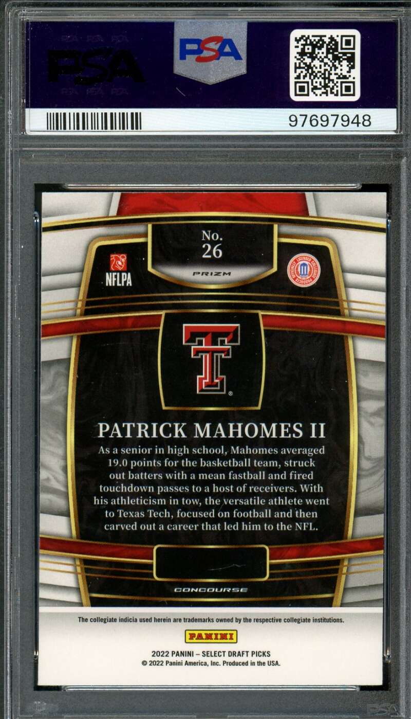 Patrick Mahomes 2022 Select Draft Picks Green Squares Prizm (pop 2) #26 PSA 10 Image 2