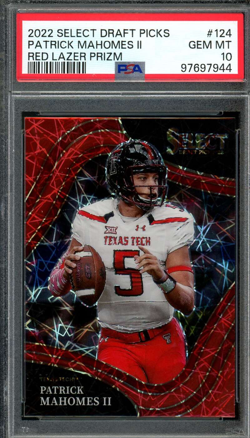 Patrick Mahomes II Card 2022 Select Draft Picks Red Lazer Prizm #124 PSA 10 Image 1