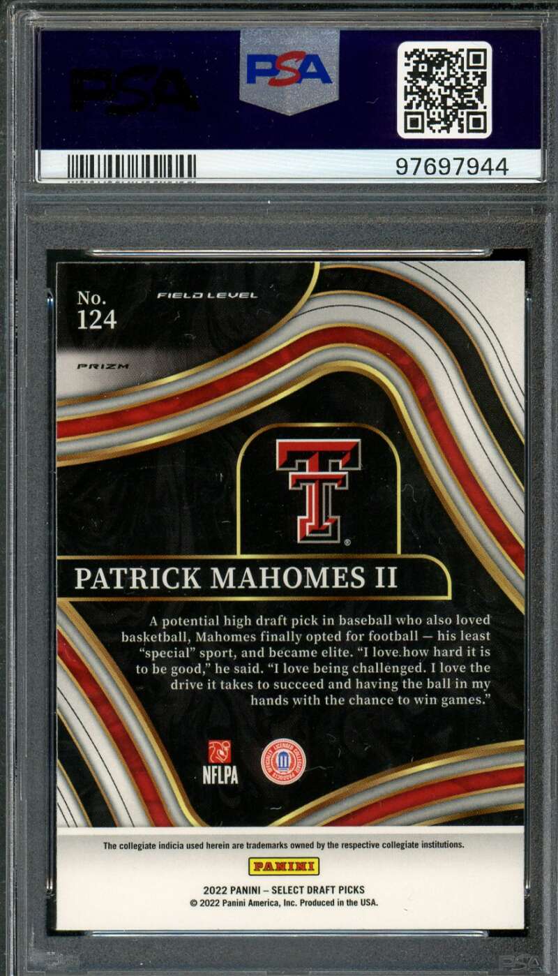 Patrick Mahomes II Card 2022 Select Draft Picks Red Lazer Prizm #124 PSA 10 Image 2