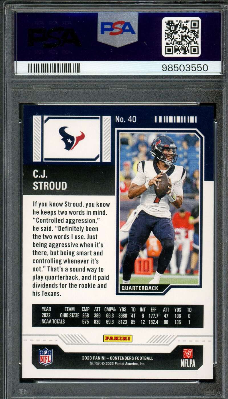 C.J. Stroud Rookie Card 2023 Contenders #40 PSA 10 Image 2