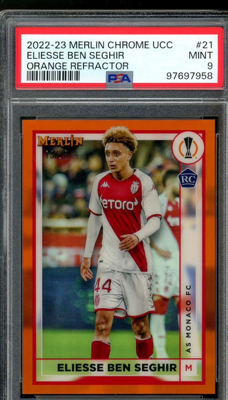 Eliesse Ben Seghir Rookie 2022-23 Merlin Chrome UCC Orange Refractor #21 PSA 9 Image 1