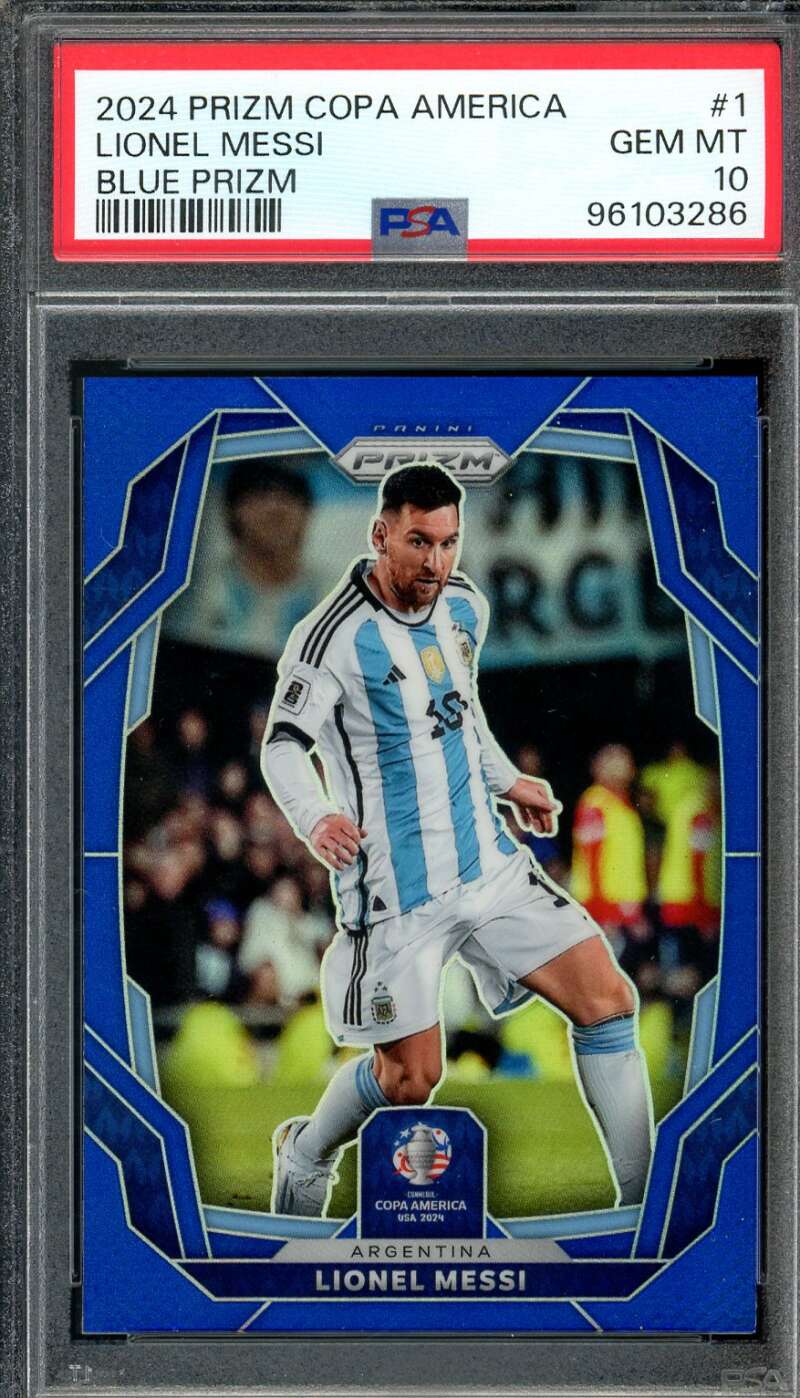 Lionel Messi Card 2024 Prizm Copa America Blue Prizm #1 PSA 10 Image 1