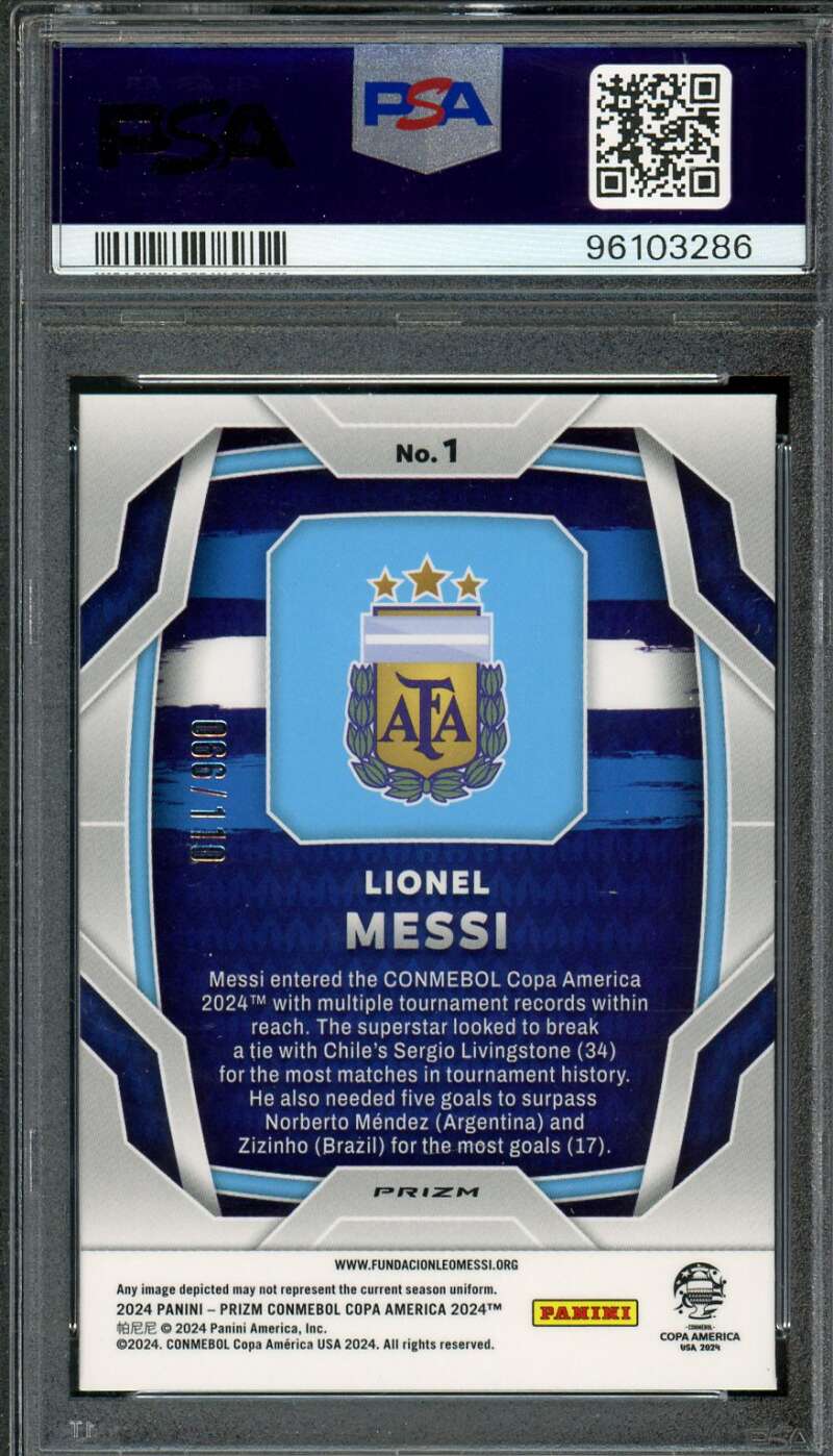 Lionel Messi Card 2024 Prizm Copa America Blue Prizm #1 PSA 10 Image 2